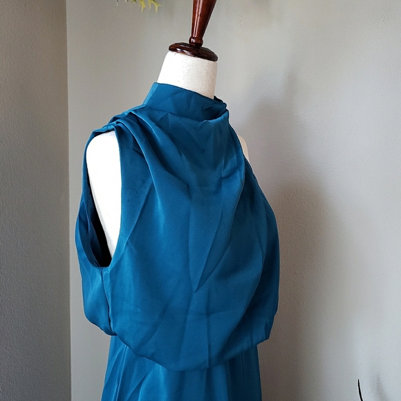 Draped Satin Asymmetric High Neck Sleeveless Midi Dress - Picture 7 of 12